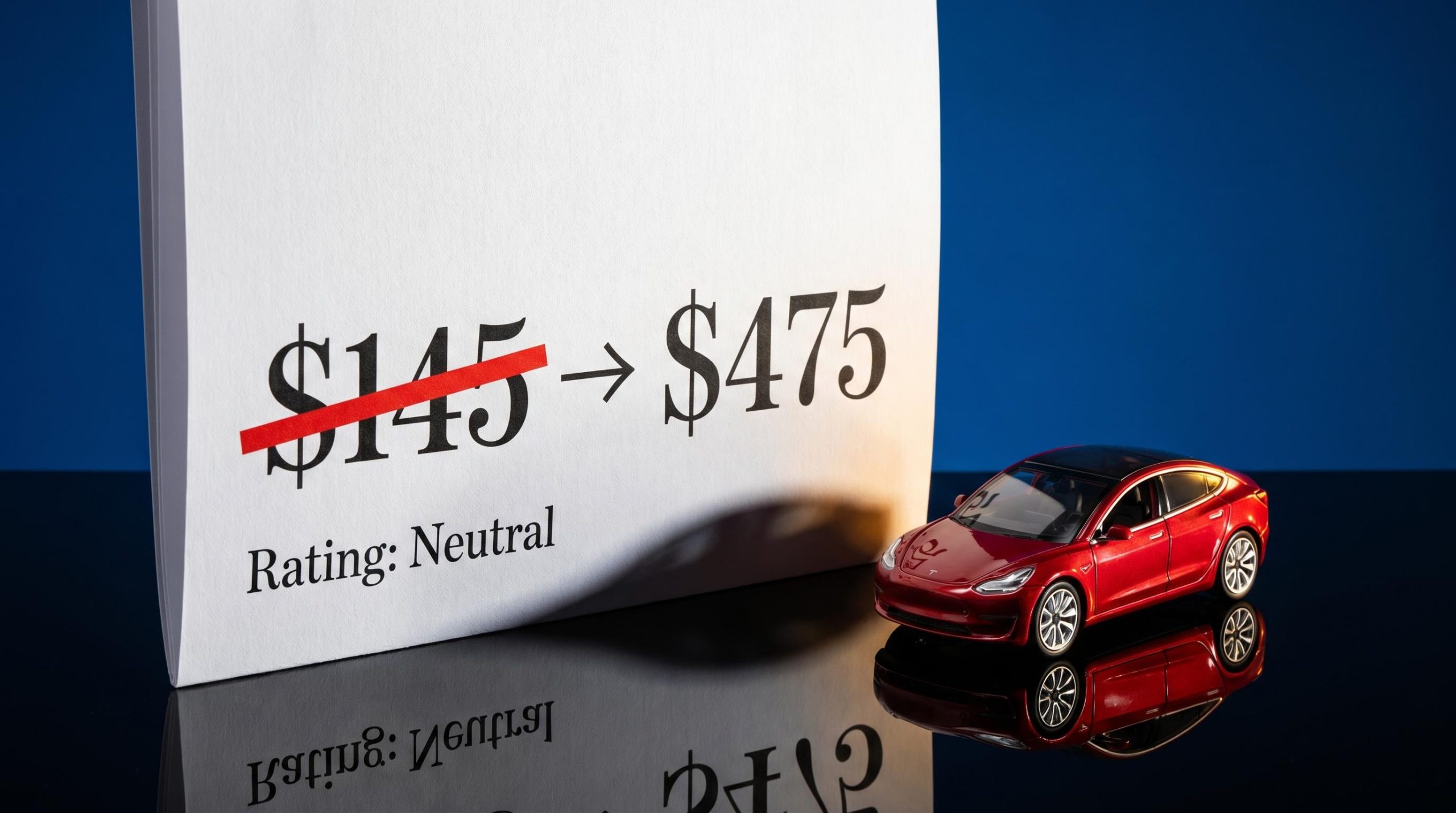 JPMorgan Tesla upgrade research note showing $145 to $475 price target with Neutral rating beside a red Cybercab