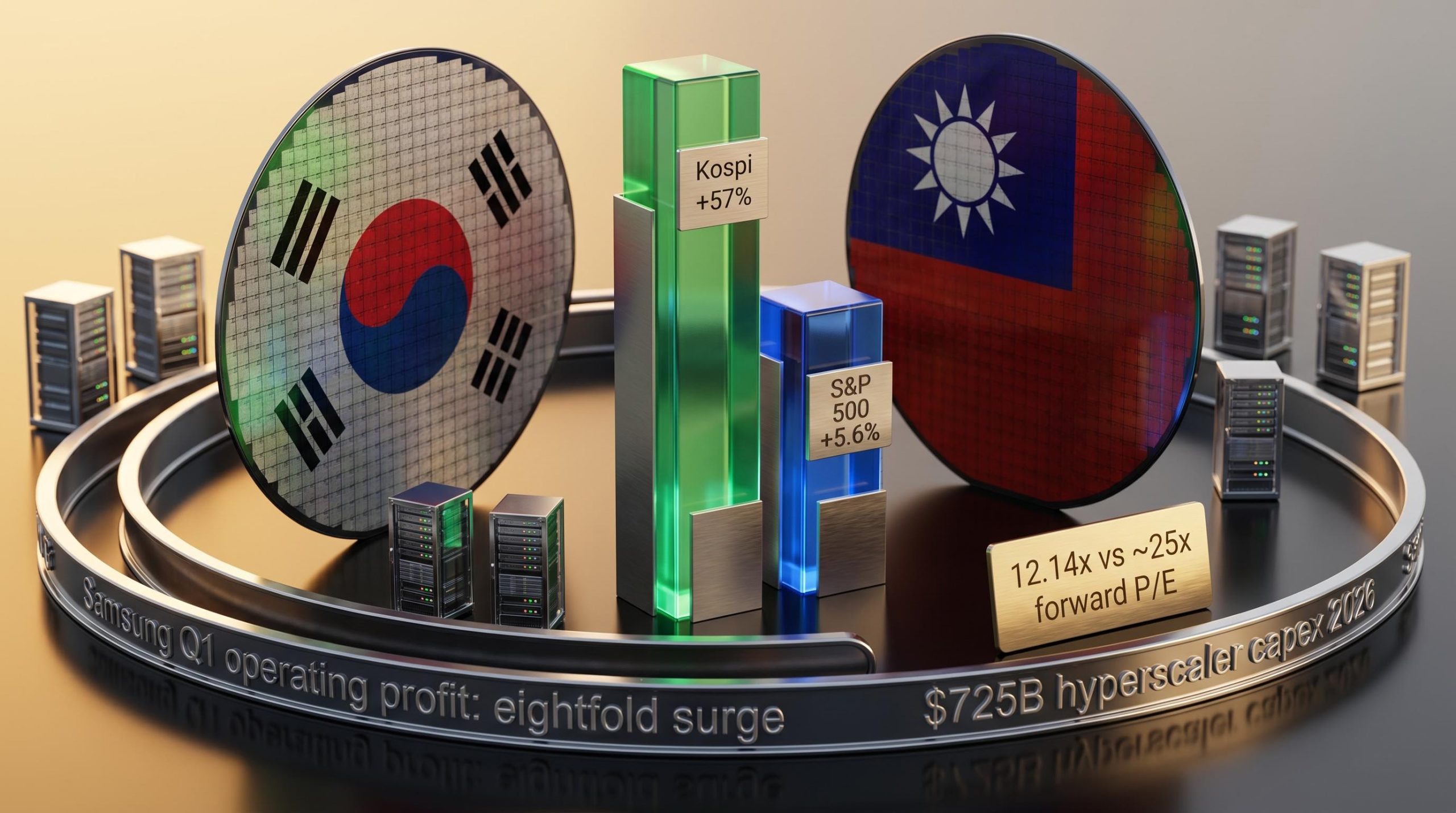Samsung and SK Hynix wafers beside Kospi 57% chart and $725B AI capex figure as AI boom drives emerging markets