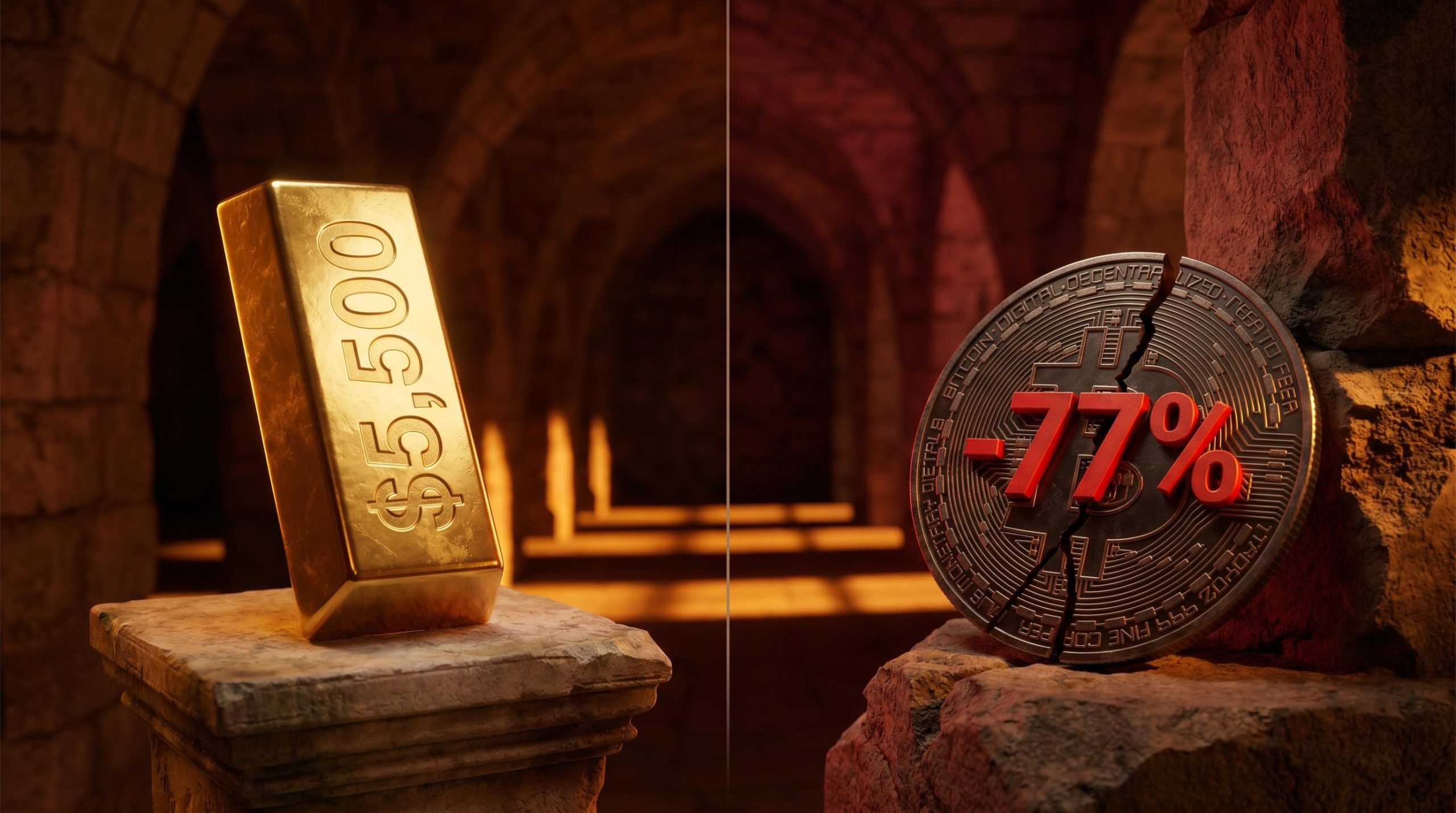 Gold bar glowing versus cracked Bitcoin medallion marked -77%, illustrating Bitcoin vs gold inflation hedge test