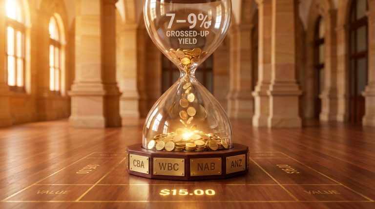Glass hourglass flowing with franked dividend coins beside ASX big four bank plaques, illustrating DDM bank stock valuation