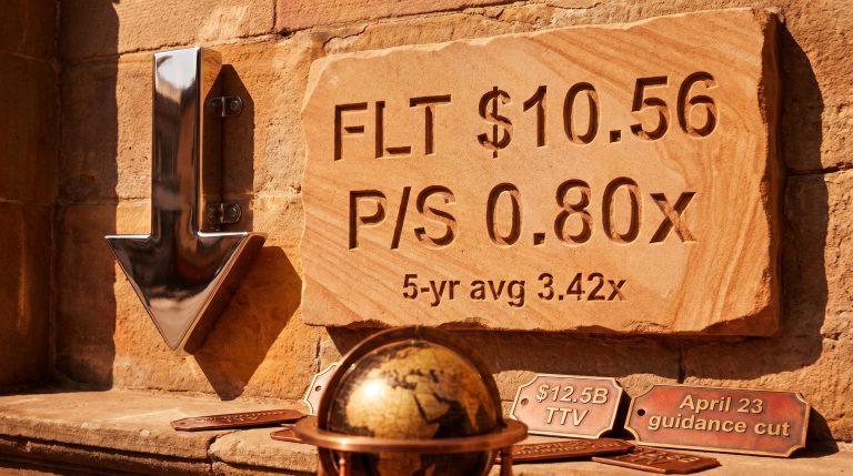Flight Centre FLT share price plaque showing 0.80x P/S vs 3.42x five-year average after April 23 guidance cut