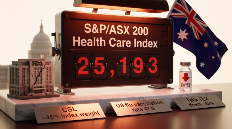 ASX healthcare sector index at six-year low of 25,193 with FDA instability and CSL vaccine rate decline risks displayed