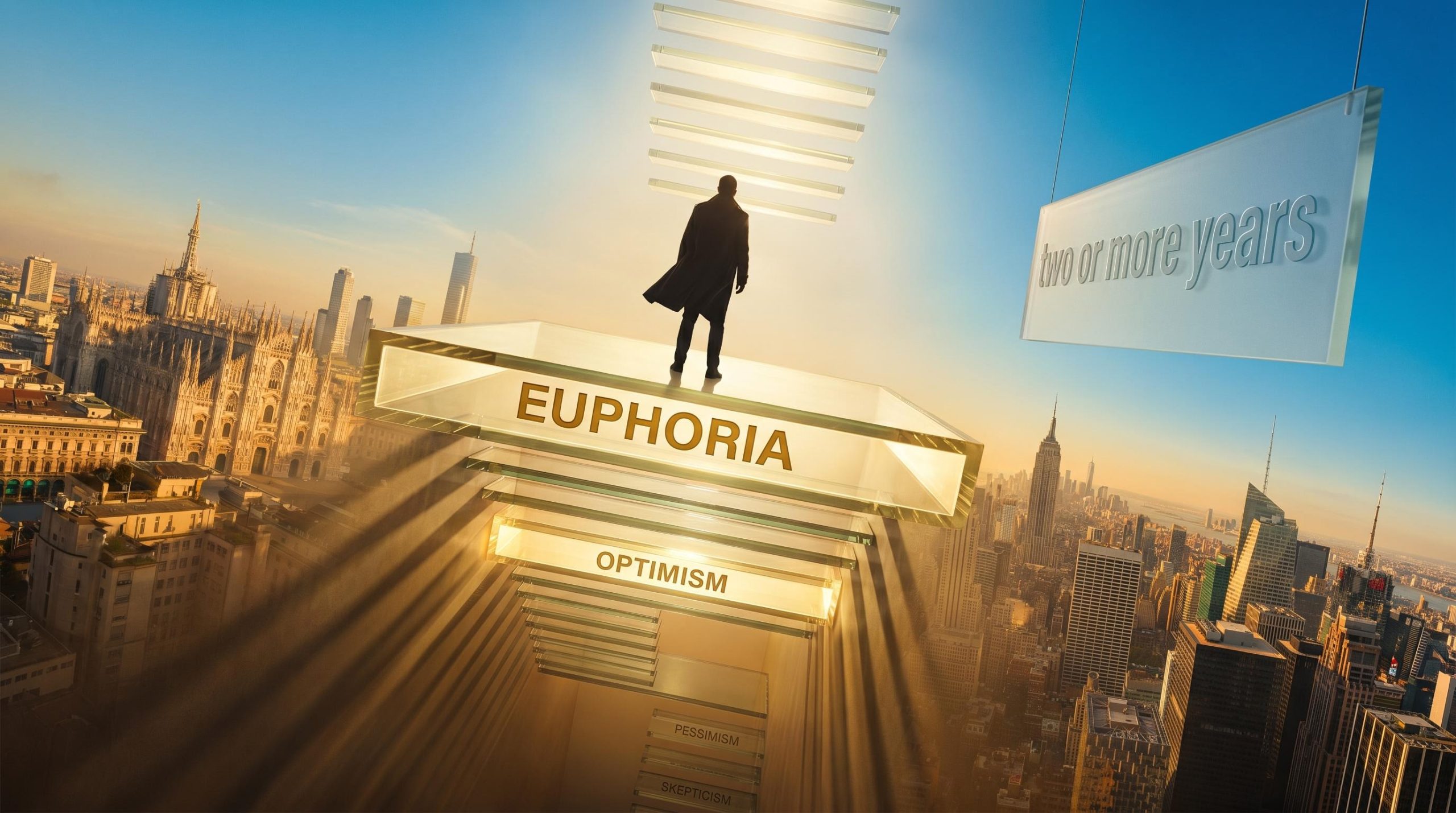 Silhouetted figure on glowing glass staircase at 'Euphoria' step above global skyline — bull market euphoria analysis