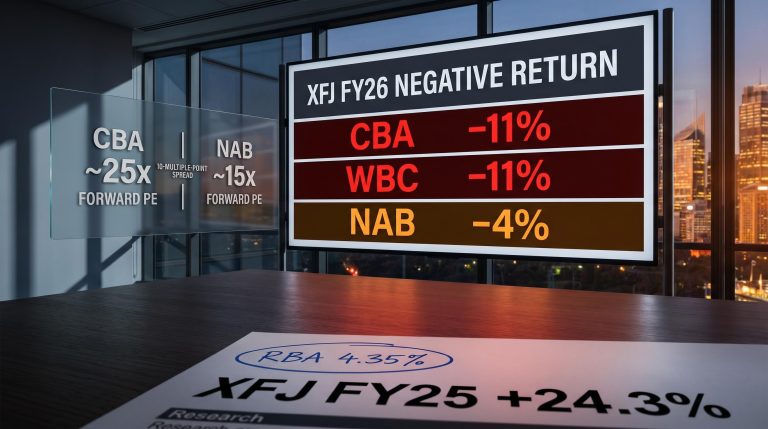 ASX bank stocks FY26 derating: CBA –11%, NAB –4%, WBC –11% on trading screen with valuation gap overlay