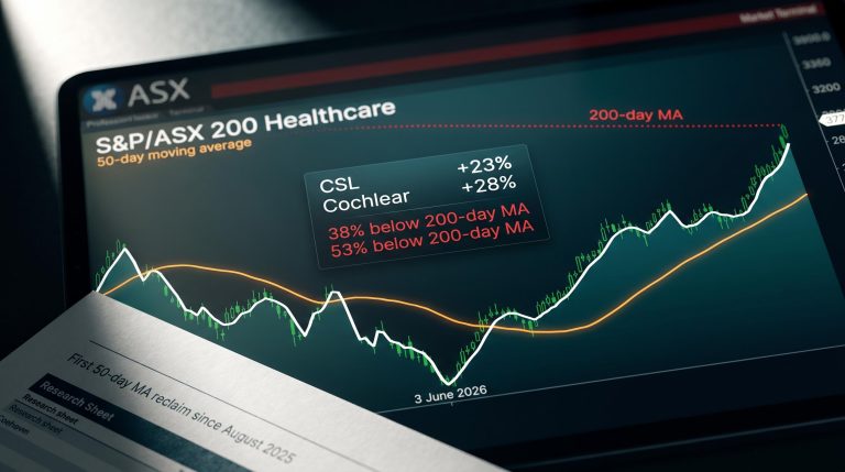 ASX Healthcare index 50-day MA crossover chart with CSL 23% and Cochlear 28% data panels since June 2026 low