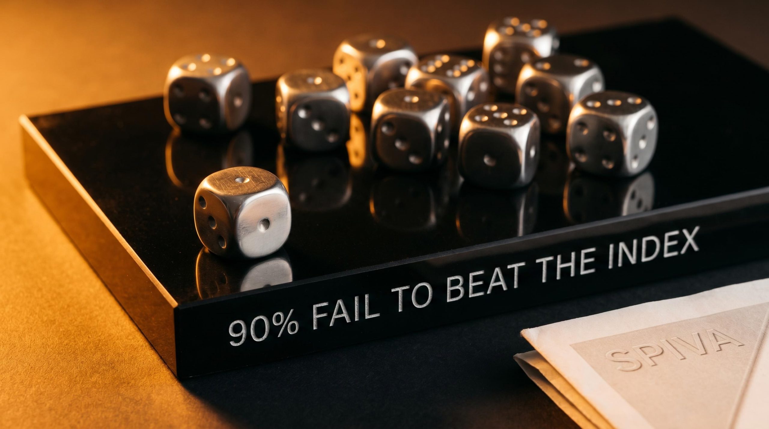 One die among nine on obsidian surface engraved with "90% FAIL TO BEAT THE INDEX" — active vs passive investing odds