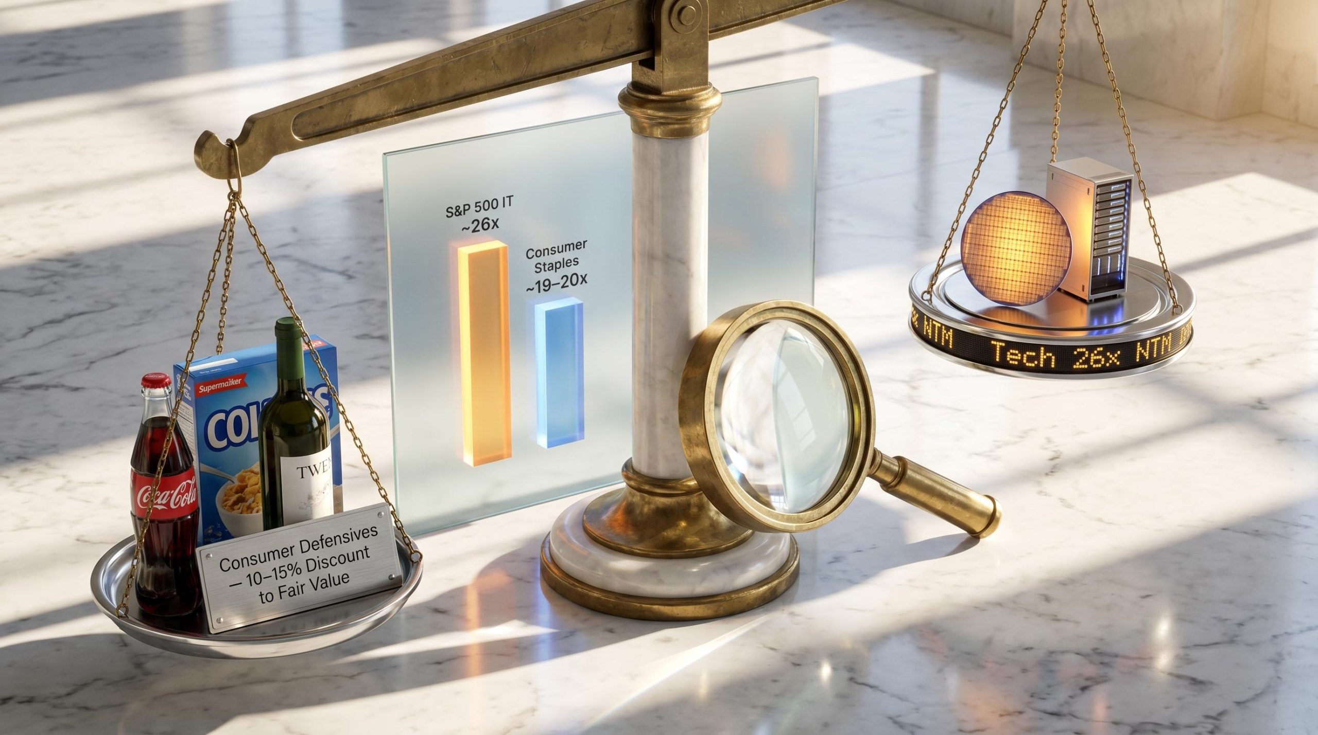 Balance scale weighing consumer defensives against AI tech stocks illustrates contrarian investing strategy valuation gap