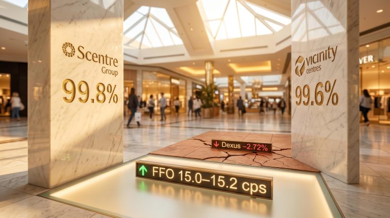 Scentre Group 99.8% and Vicinity Centres 99.6% occupancy rates displayed on marble columns as Australian retail REITs outperform