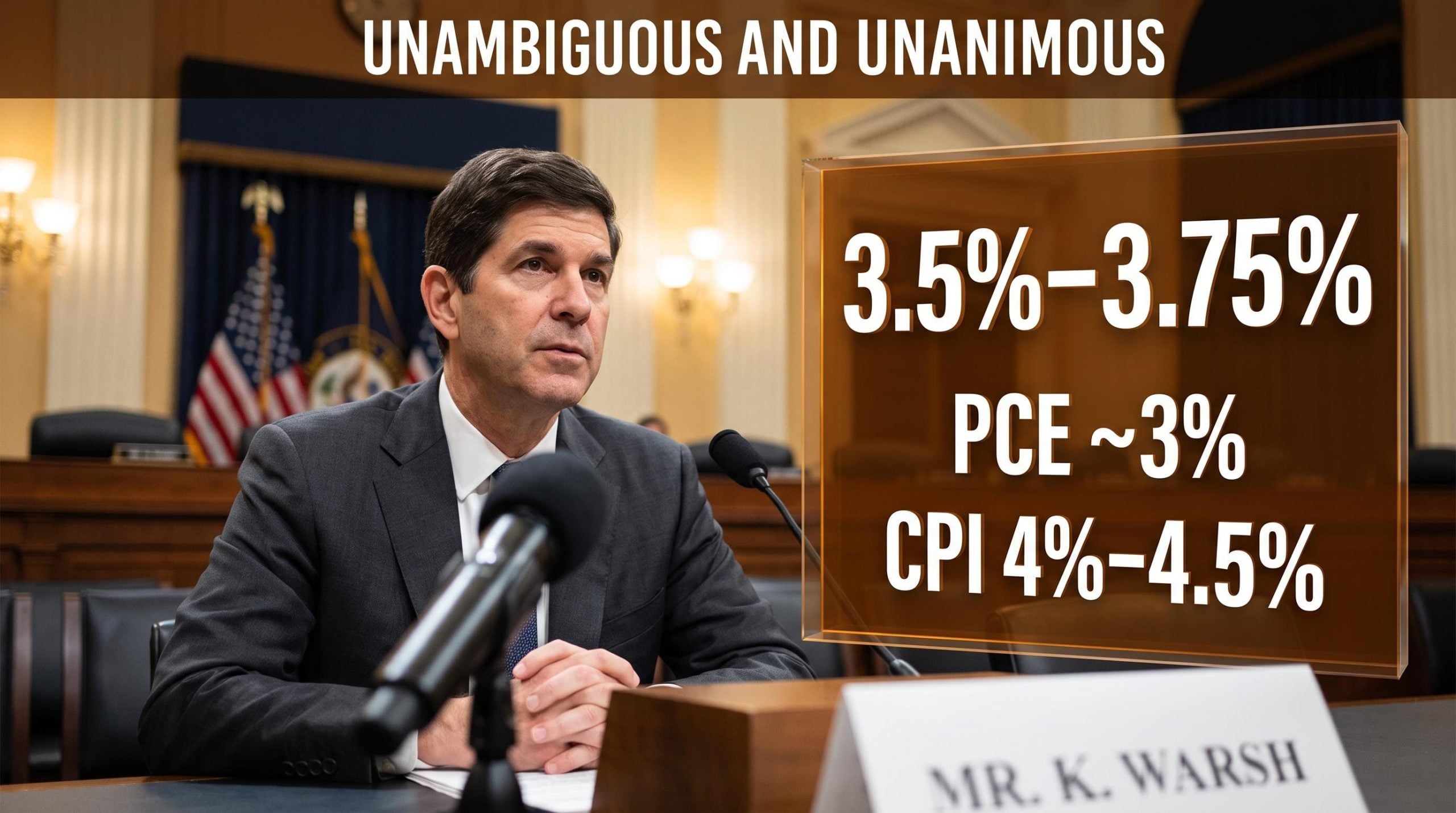 Fed Chair Kevin Warsh testifies to Congress on 14 July 2026, holding rates at 3.5%–3.75% with PCE above 2% target