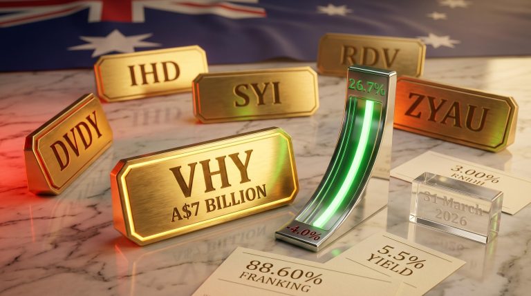 Six ASX dividend ETF plaques ranked by total return to 31 March 2026, with VHY's A$7B FUM and 88.60% franking highlighted