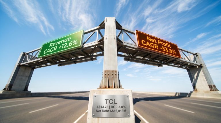 Transurban toll gantry signs show 12.6% revenue CAGR vs -53.8% profit CAGR, visualising the TCL share price puzzle