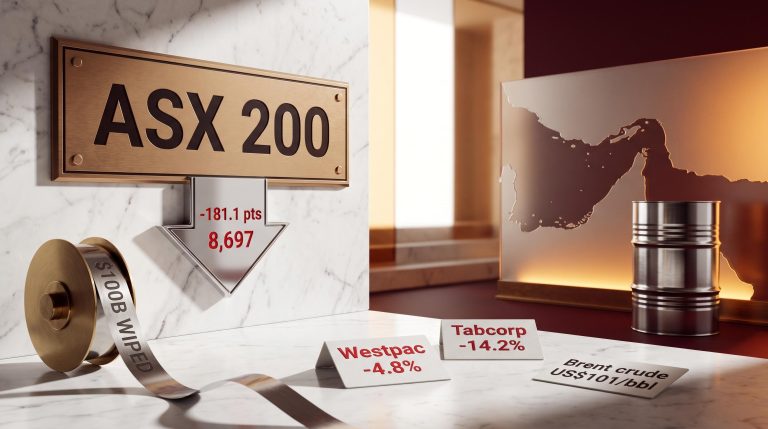 ASX 200 drops 181.1 pts to 8,697 as Strait of Hormuz tensions wipe $100B in market cap on 8 May 2026