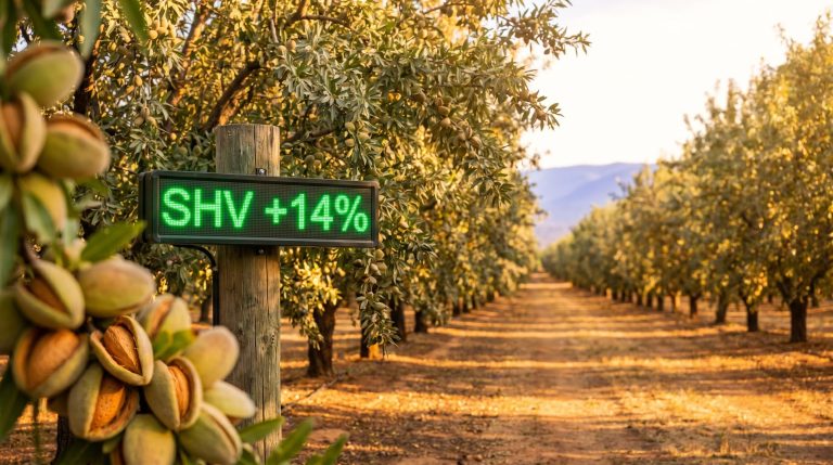 Select Harvests almond orchard at golden hour with SHV 14% stock ticker on orchard post after ASX SHV results
