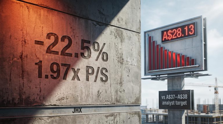 James Hardie fibre cement panel etched with "-22.5%" and "1.97x P/S" beside a red analyst-target billboard showing JHX share price gap