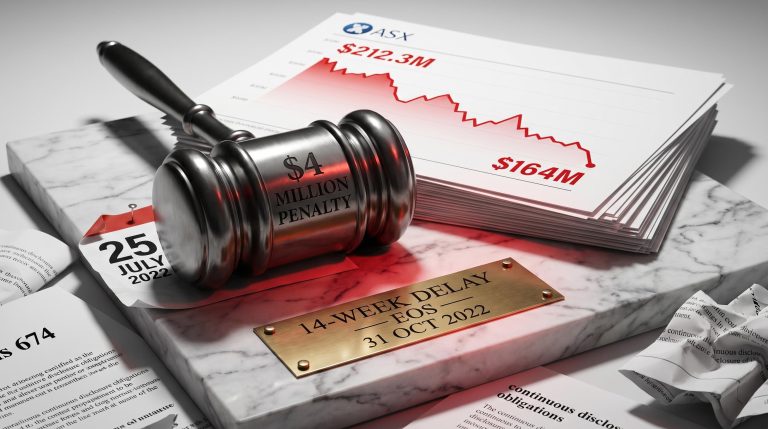 EOS $4 million penalty gavel on marble with 14-week disclosure delay and continuous disclosure obligations documents