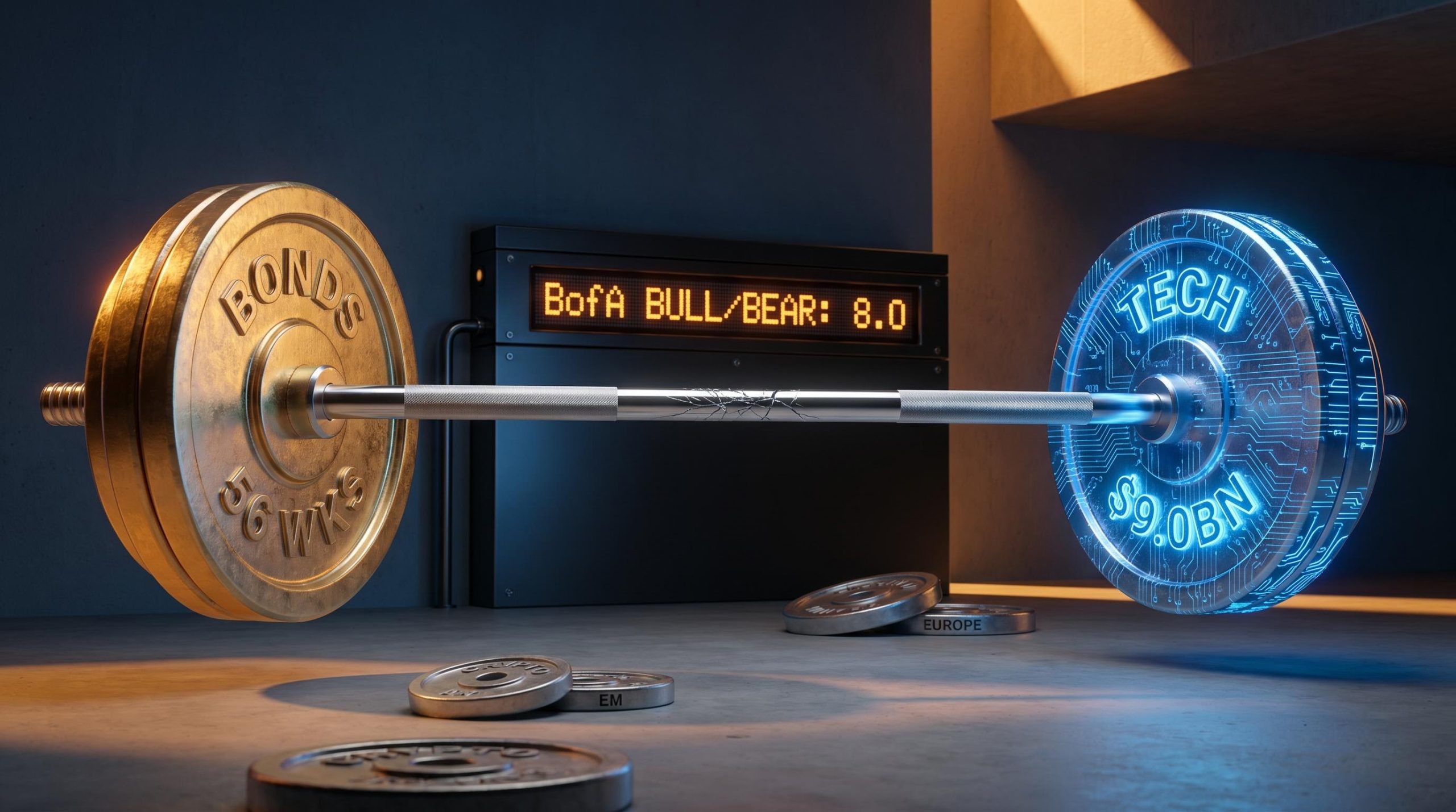 Chrome barbell with bond and tech weights showing capital flow analysis with BofA Bull/Bear indicator at 8.0