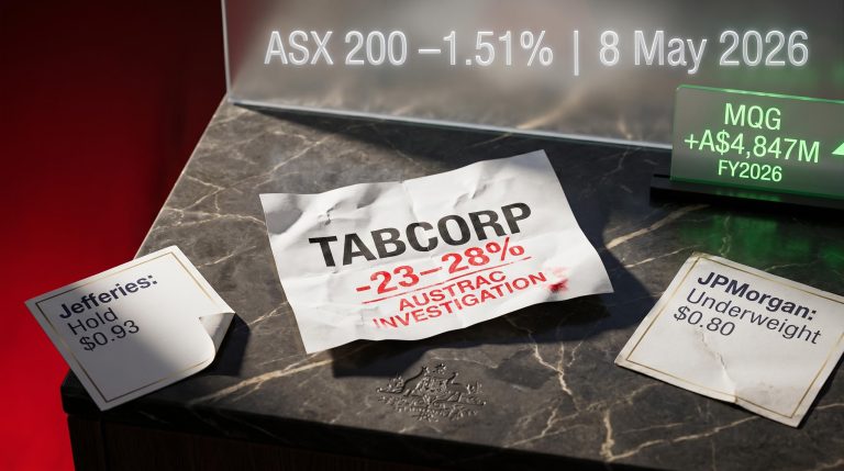Tabcorp TAH shares collapse 23–28% after AUSTRAC money laundering probe with broker downgrades on ASX 8 May 2026