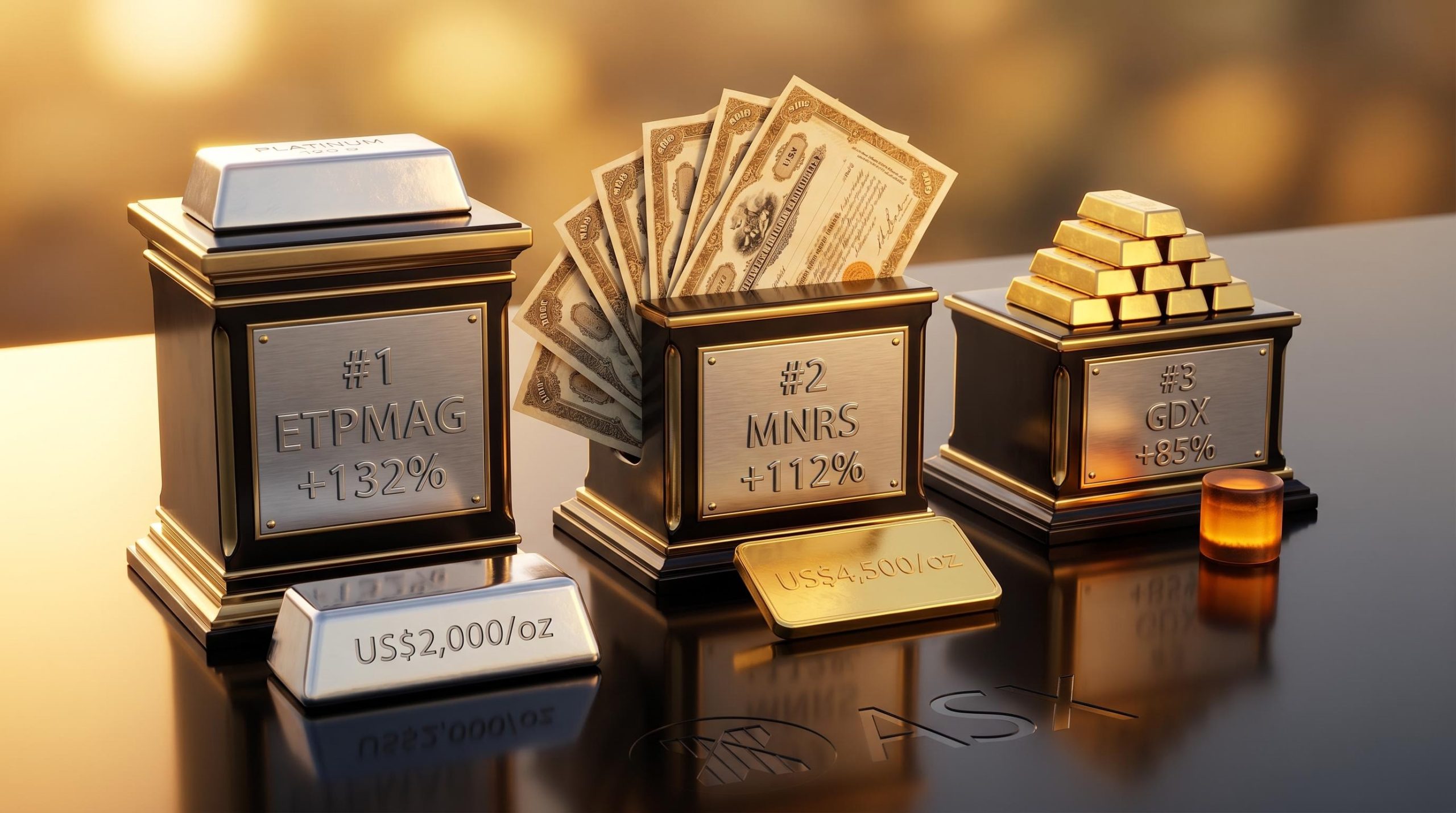 Three ranked ASX commodity ETFs ETPMAG MNRS GDX delivering 132% 112% 85% returns amid gold platinum price surge