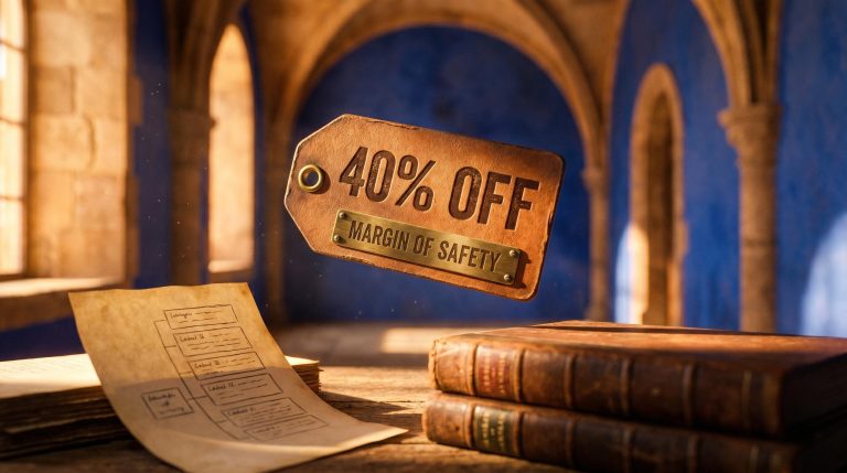 Antique price tag reading '40% OFF' with a brass 'Margin of Safety' plaque — value investing risk framework visualised