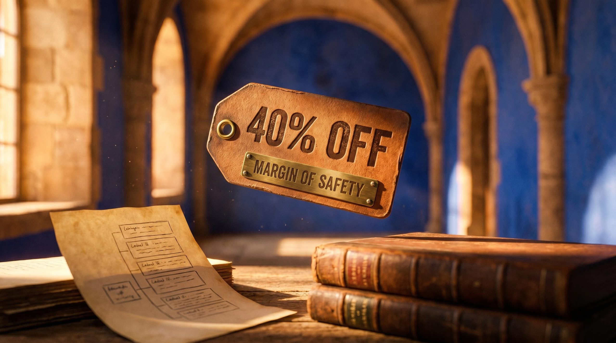 Antique price tag reading '40% OFF' with a brass 'Margin of Safety' plaque — value investing risk framework visualised