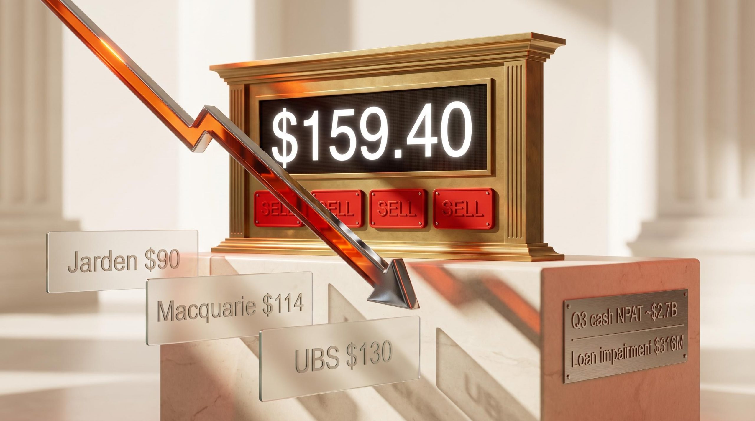 CBA share price $159.40 sits 18%–43% above four broker sell targets on a brass financial display board
