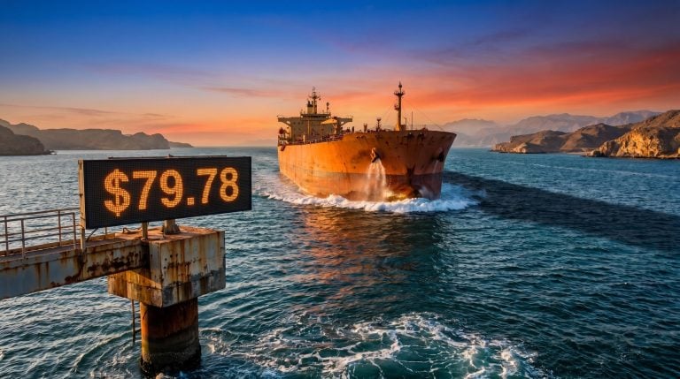 Supertanker transiting the Strait of Hormuz as Brent crude falls to $79.78 on peace deal oil price news