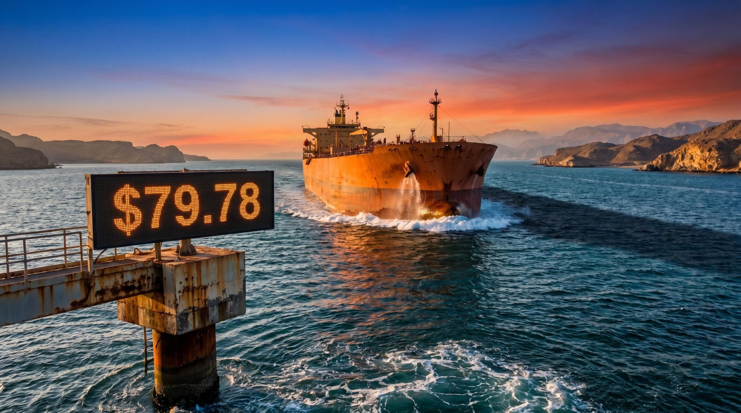 Supertanker transiting the Strait of Hormuz as Brent crude falls to $79.78 on peace deal oil price news