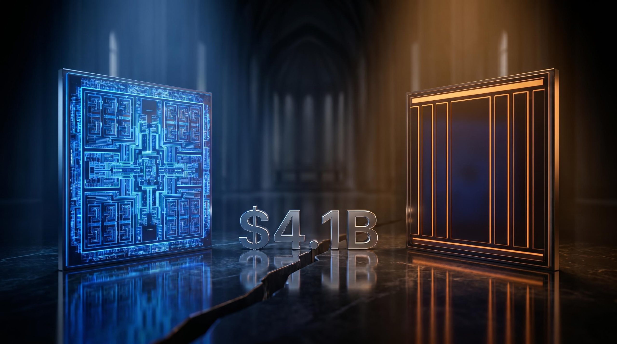 GPU vs custom AI chip ASIC split — Broadcom $4.1B silicon concept visualised as two opposing chip architectures