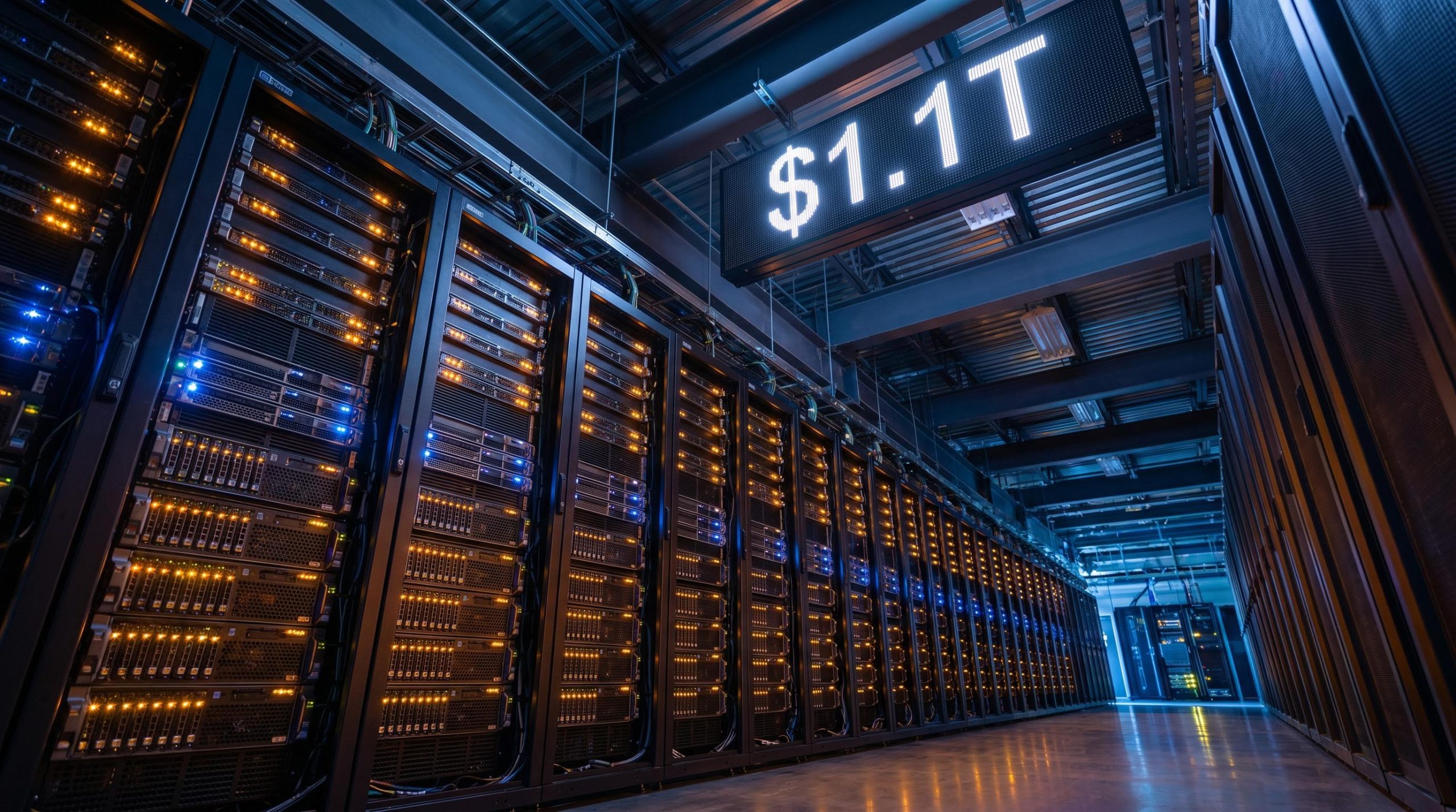 Vast hyperscaler data centre corridor with $1.1T capex projection displayed on industrial signage above server racks