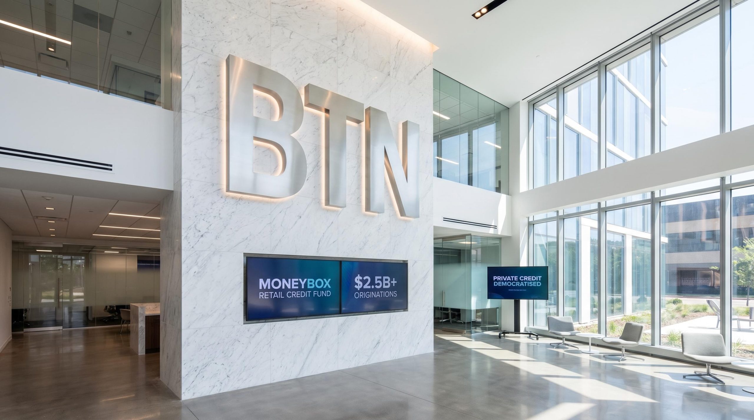 Modern lobby with BTN logo
