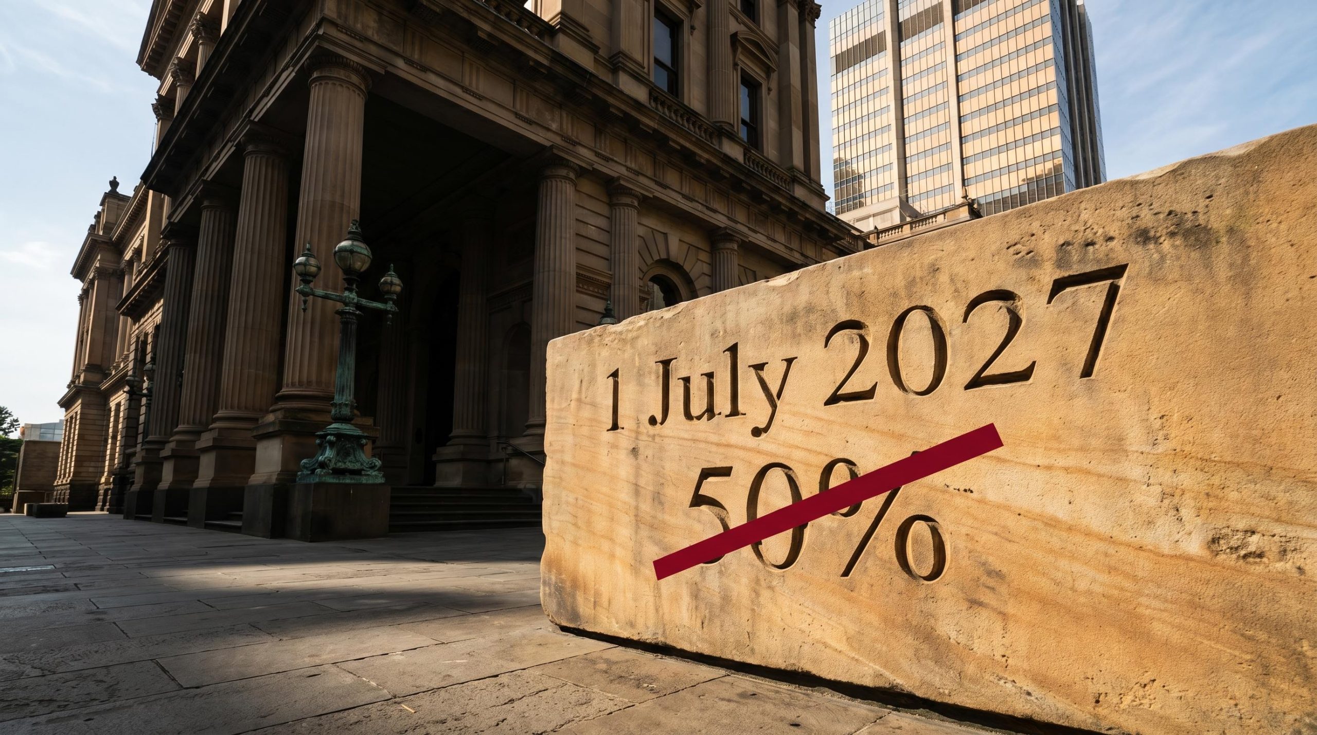 Carved policy slab engraved with "1 July 2027" and struck-through "50%" CGT reform Australia decision