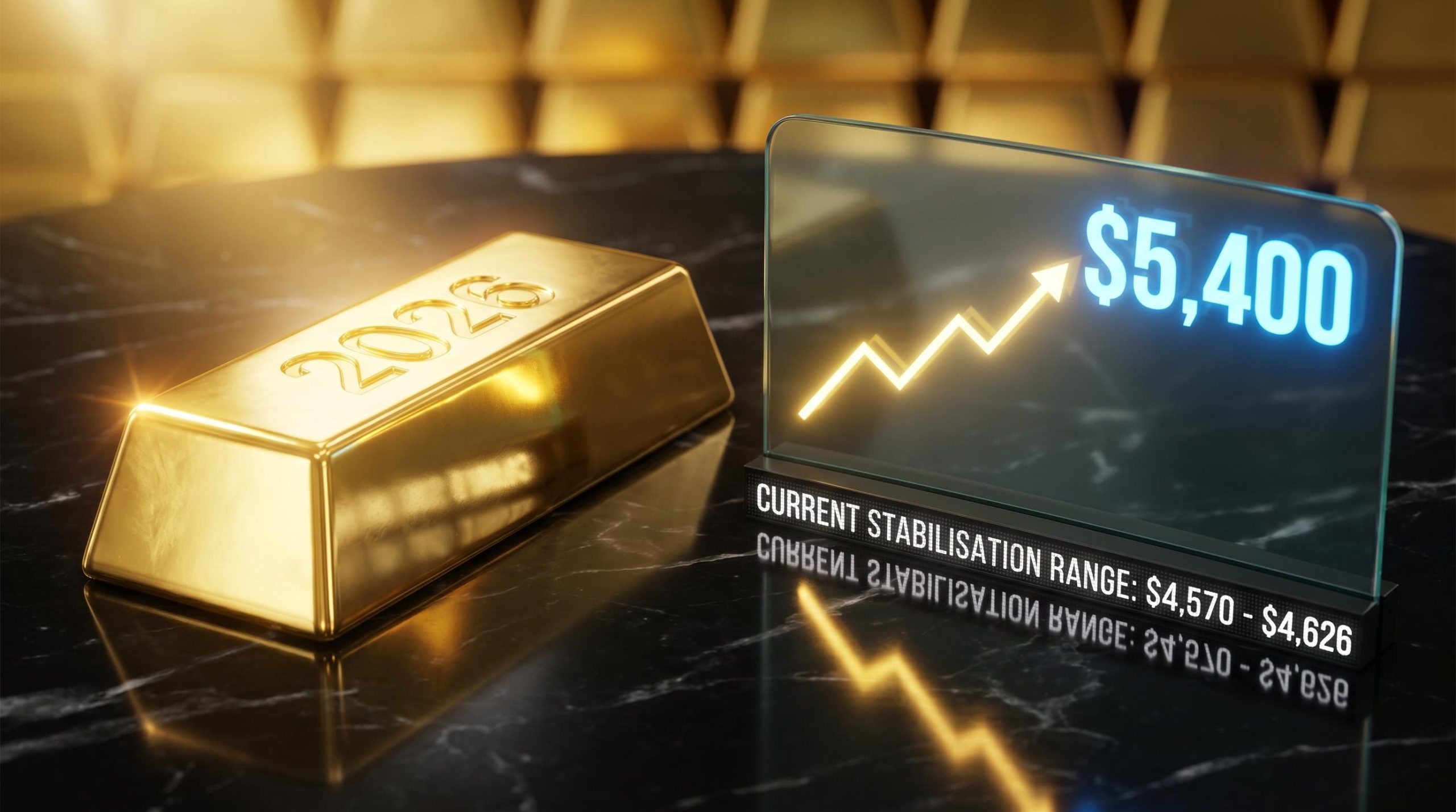 Gold bullion bar and glass data display showing $5,400 target and $4,570 current range, reflecting gold price prediction.