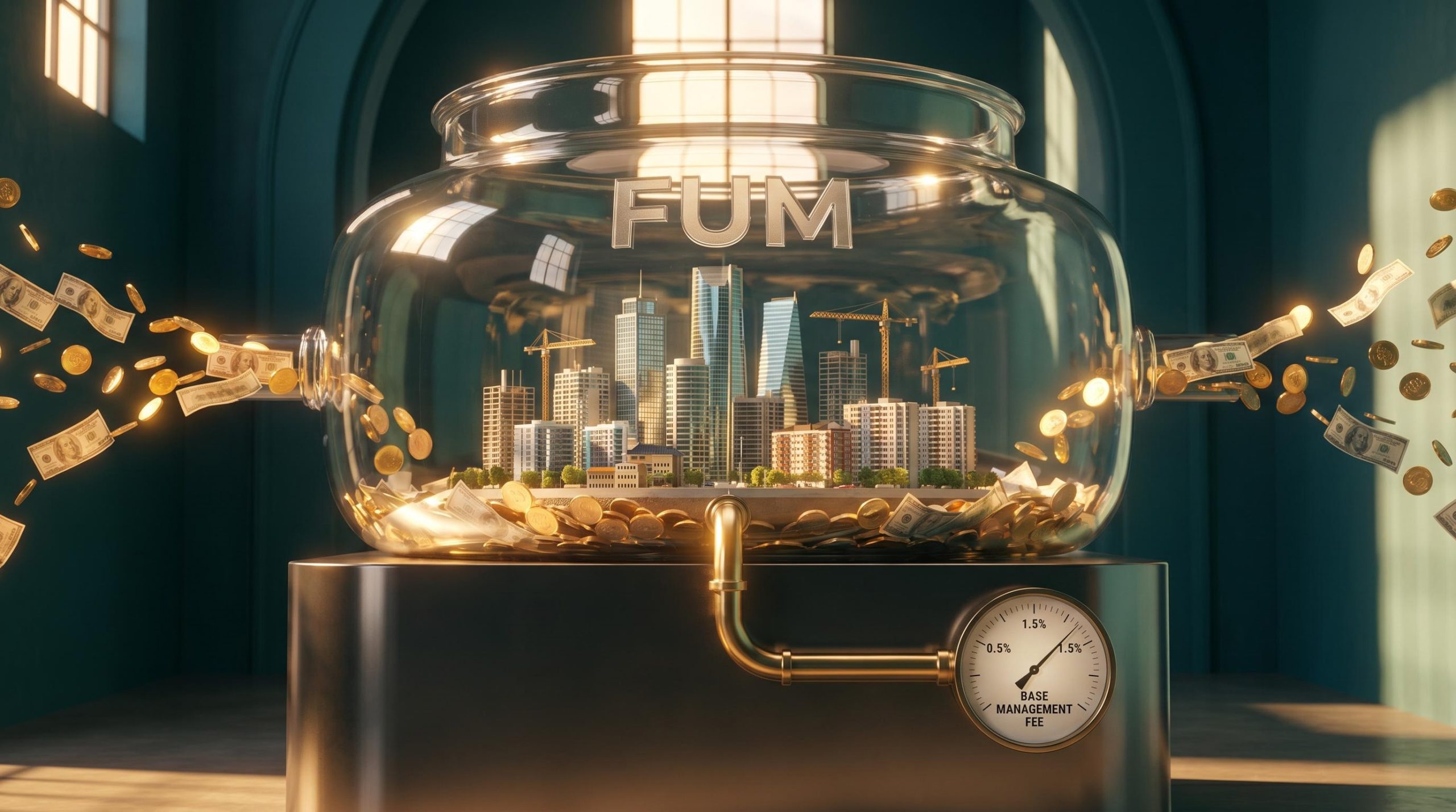 Glass vessel labelled FUM containing a property model with capital flowing in, illustrating a property funds management business model