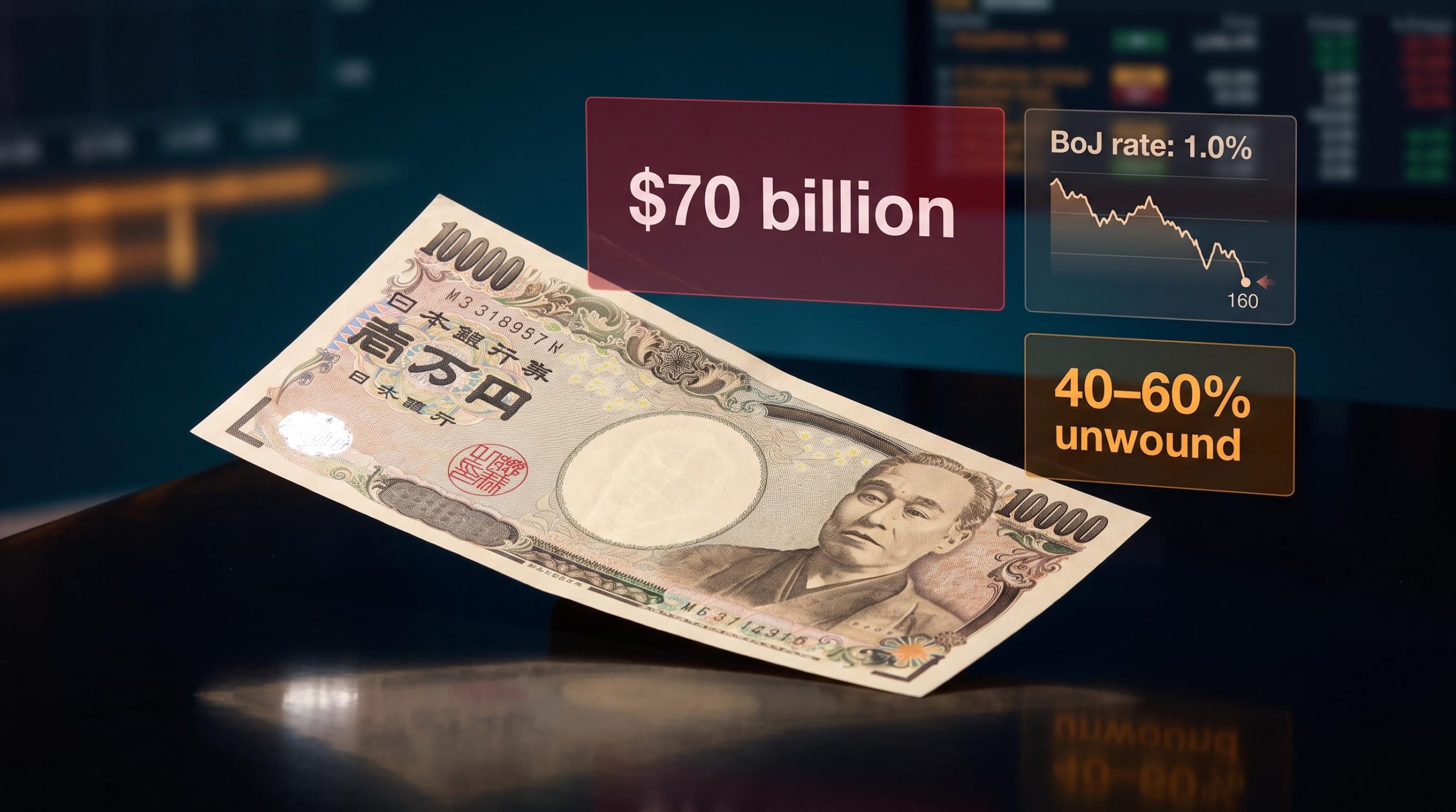 Japanese yen note with $70 billion intervention and BoJ 1.0% rate data panels — yen carry trade analysis