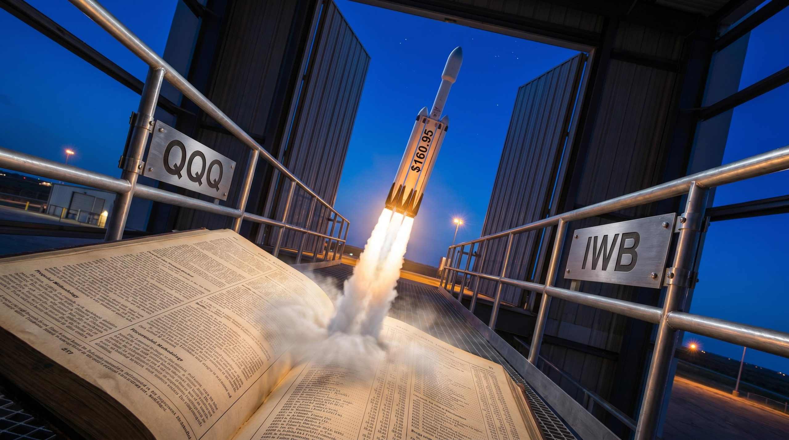 SpaceX rocket launching from an index ledger on a steel gantry, with QQQ and IWB ticker plates — forced index inclusion analysis