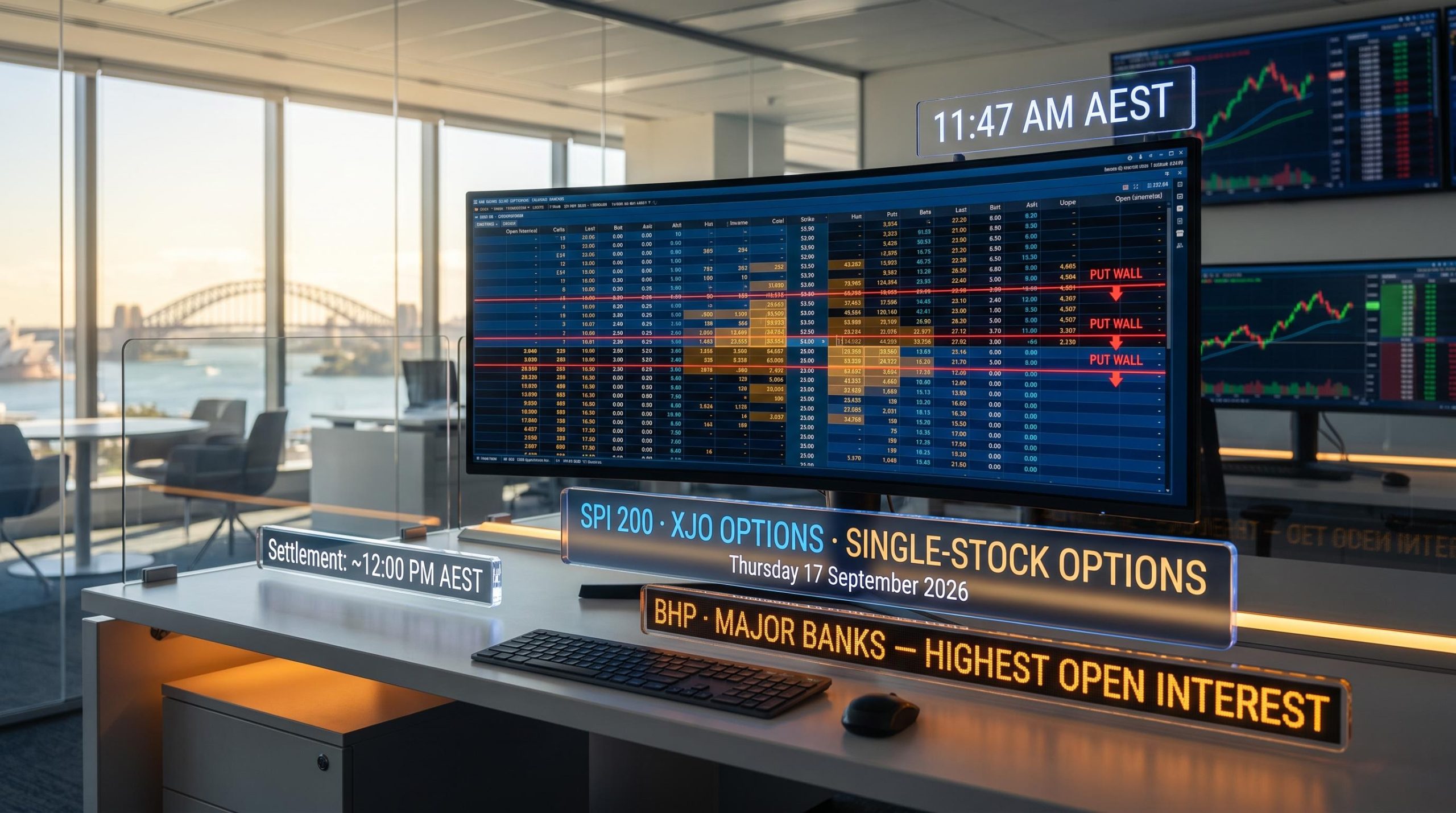 ASX XJO options chain on trading screen with put-wall levels and 12:00 pm AEST settlement time during triple witching