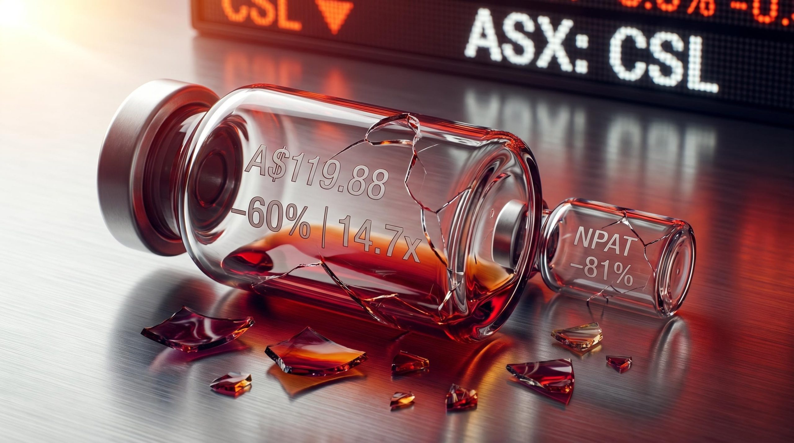 Cracked CSL plasma vial etched with A$119.88 and –60% as CSL share price hits a 10-year low