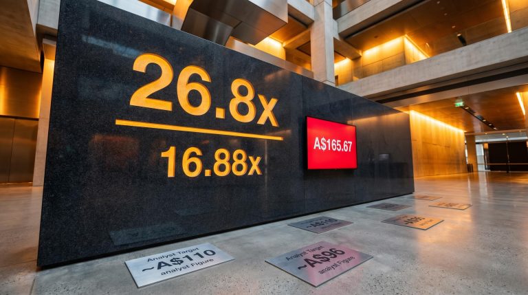 CBA trailing PE of 26.8x engraved in granite above broker fair value targets near A$110 and A$96