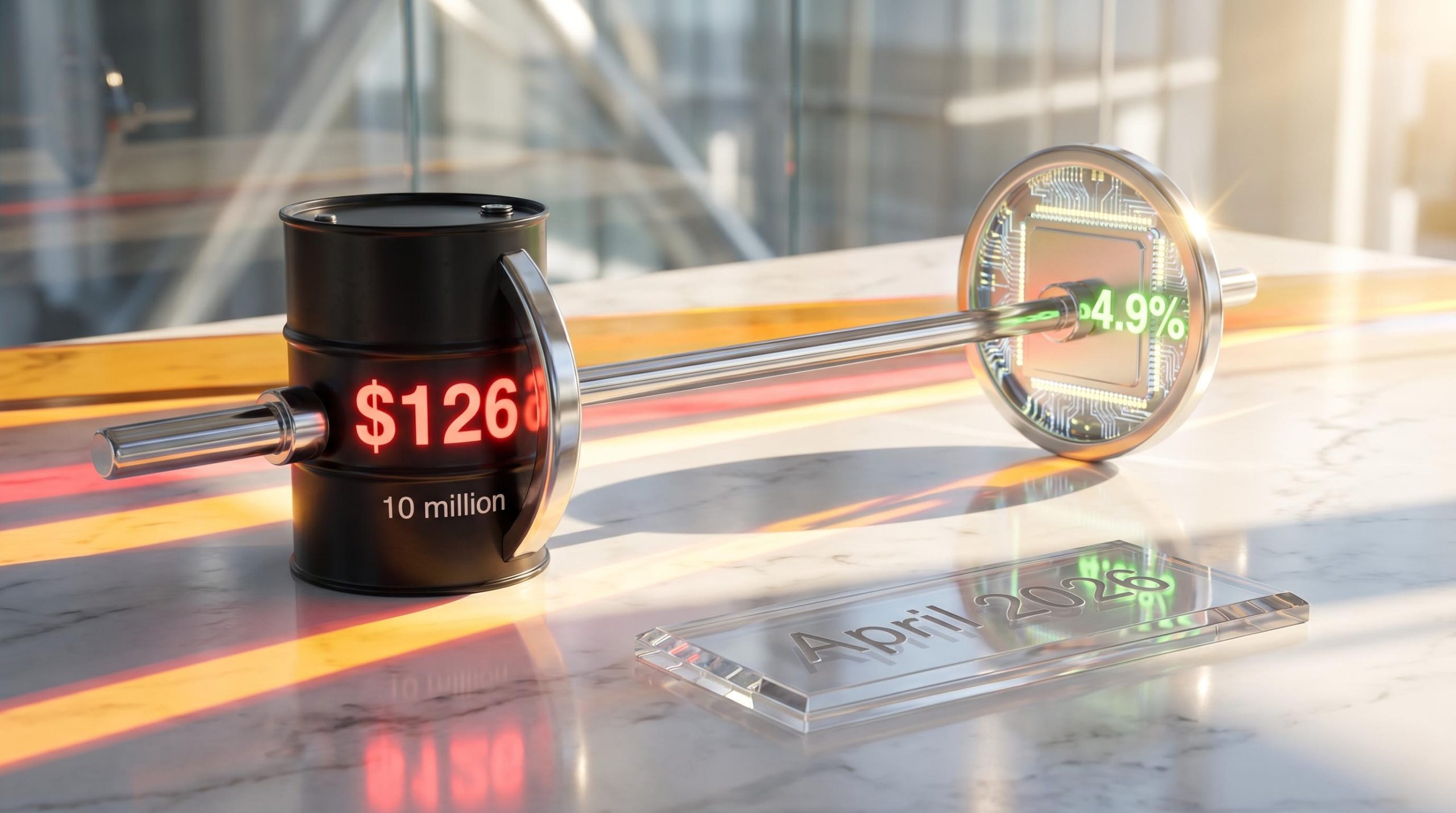 Chrome barbell with a $126 oil barrel and 4.9% AI chip representing an inflation investing strategy for April 2026 markets.