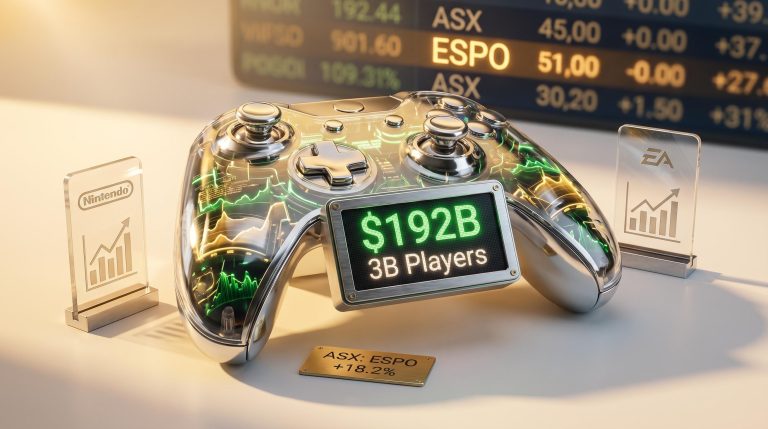 Chrome game controller with 'ASX: ESPO' and '$192B' market data plates — gaming ETF structural revenue thesis