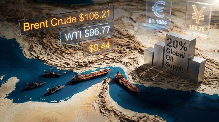 Strait of Hormuz map with oil tankers, Brent crude $106.21 ticker, and Iranian speedboats under dramatic lighting