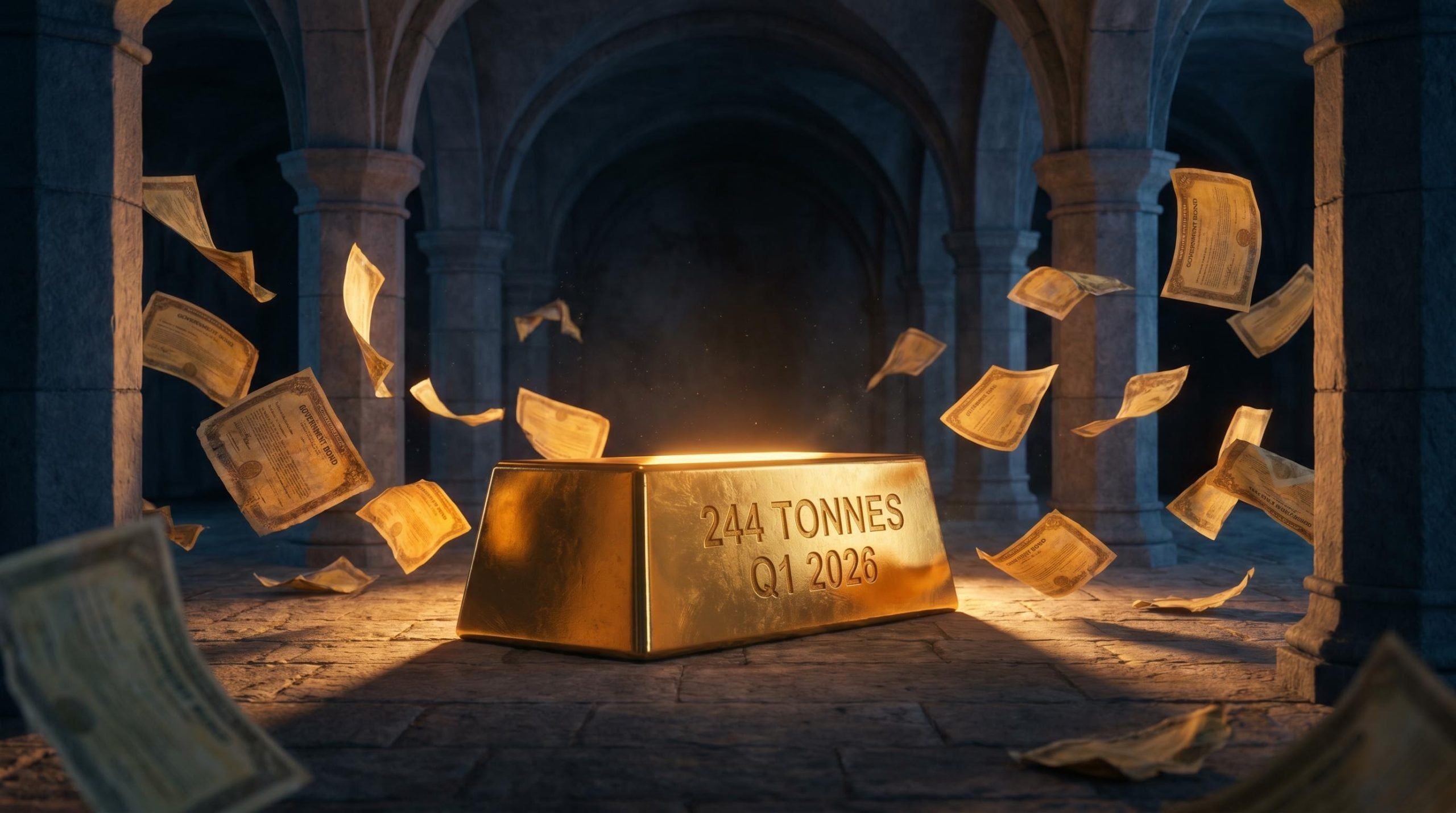 Monumental gold bar engraved with 244 tonnes Q1 2026 beside crumbling sovereign bonds in a vault interior