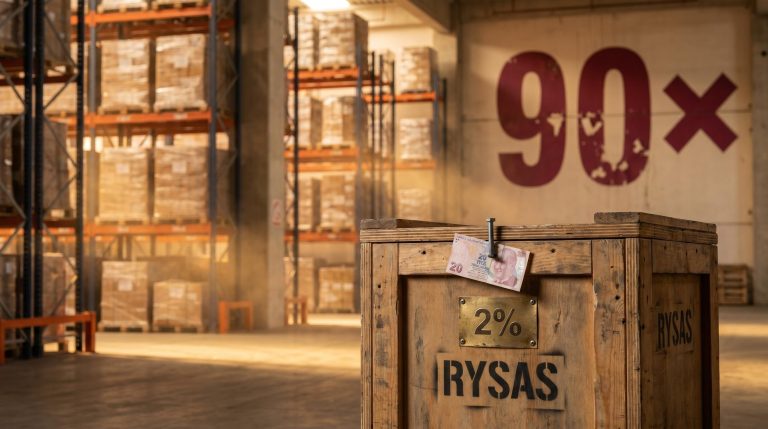 Reysas warehouse interior with '2%' brass plaque and '90×' mural — Turkish market investing analysis
