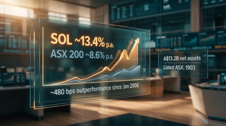 SOL compound return chart showing 13.4% vs ASX 200 8.6% — Washington H. Soul Pattinson analysis