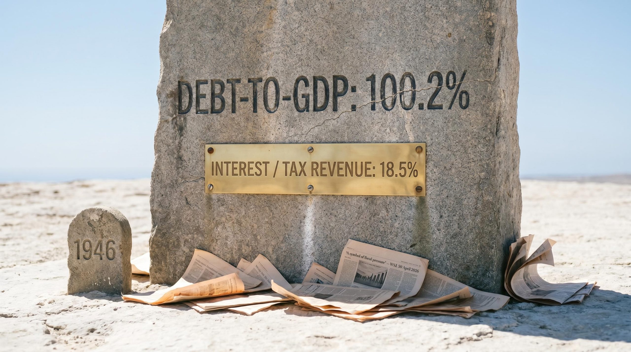 Stone monolith engraved with US debt-to-GDP ratio 100.2% and interest-to-revenue 18.5% in bright daylight