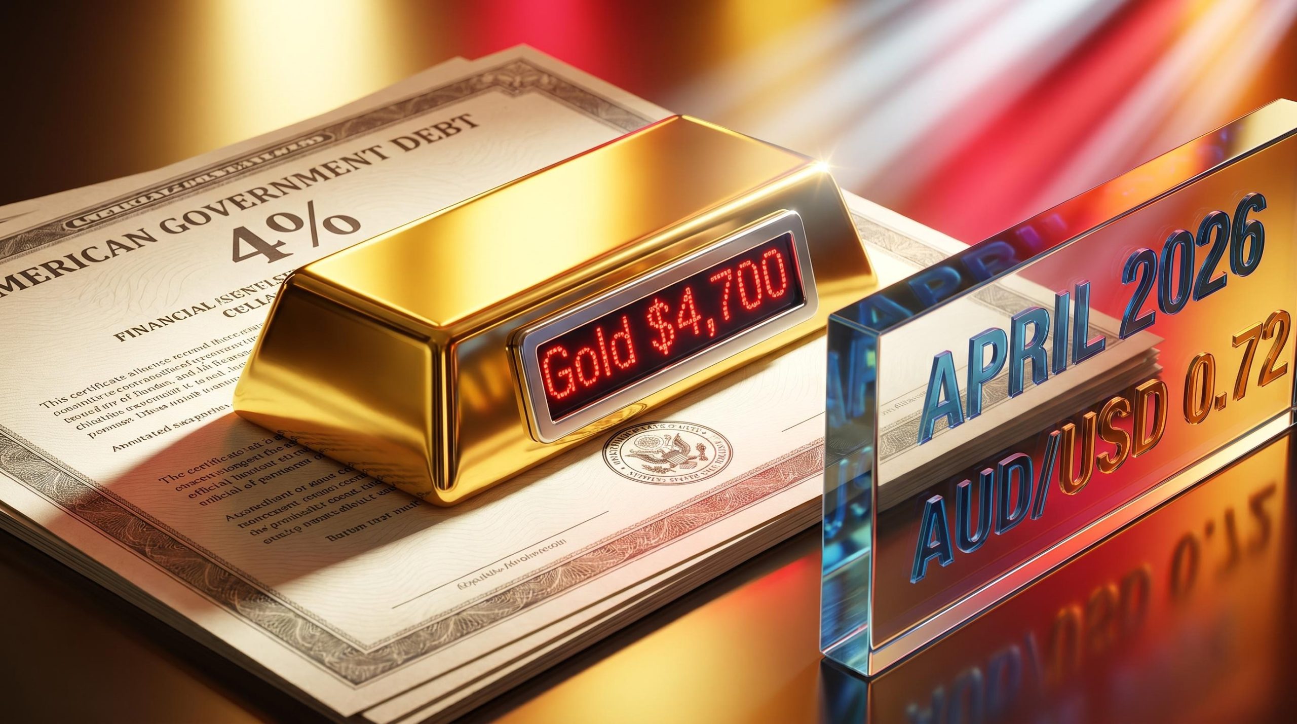 Gold bullion showing $4,700 and American debt certificate with 4% yield, highlighting safe haven assets under pressure.