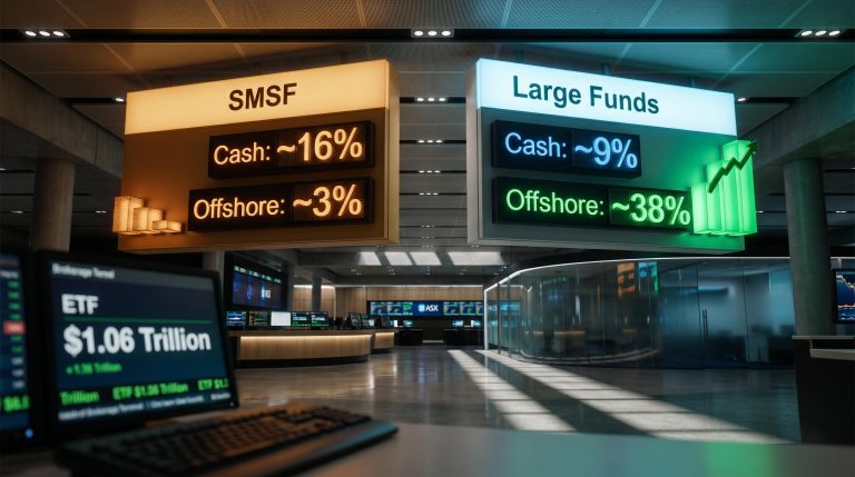 SMSF cash 16% vs large funds 9%, offshore 3% vs 38% — allocation gap on trading floor panels
