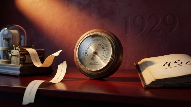 Three crisis-era instruments showing divergent investing frameworks — price tape, barometer, and 45x ledger — for the 1929 crash