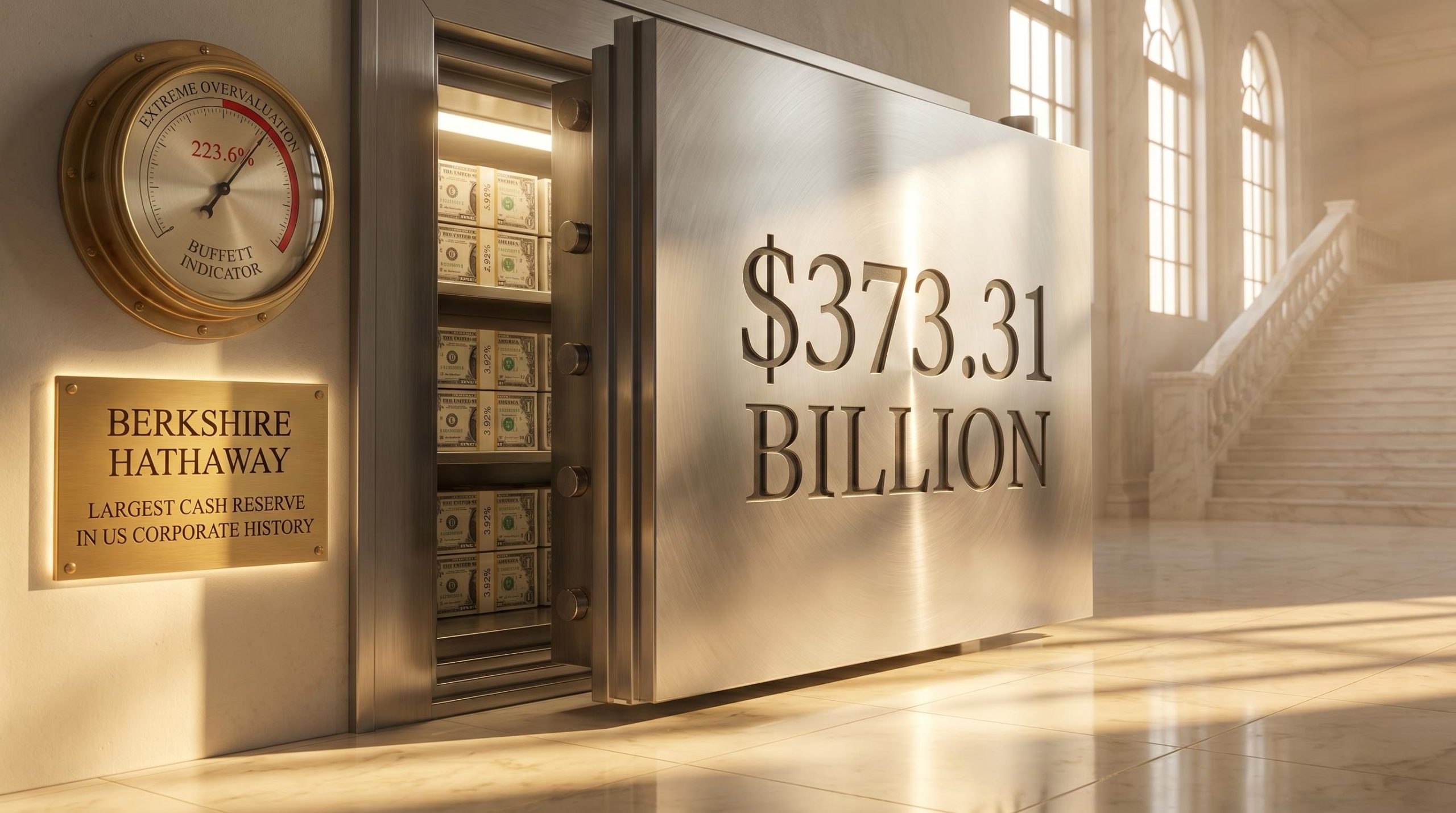 Berkshire Hathaway steel vault engraved with "$373.31 billion" cash reserve beside a Buffett Indicator gauge at 223.6%