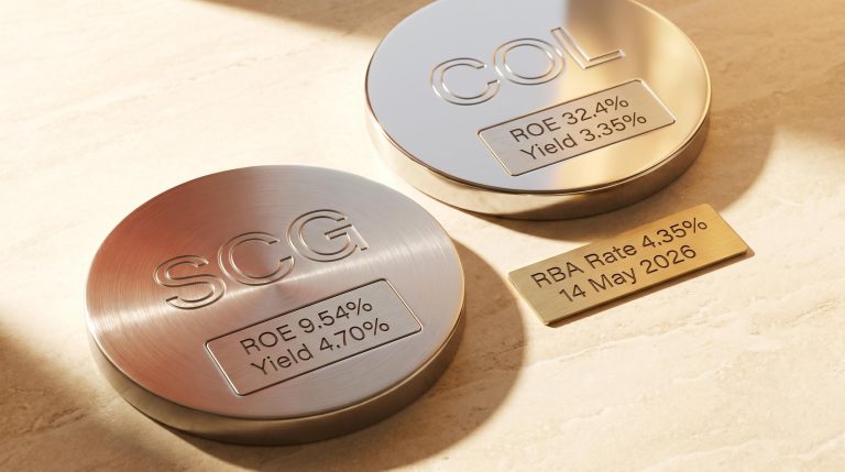 SCG and COL blue chip stock discs showing ROE 9.54% vs 32.4% with RBA rate 4.35% plaque